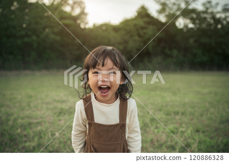 cheerful toddle baby girl laughing on grass field cheerful toddle baby girl laughing on grass field 120886328
