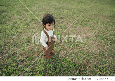 happy toddle baby girl on grass field happy toddle baby girl on grass field 120886329