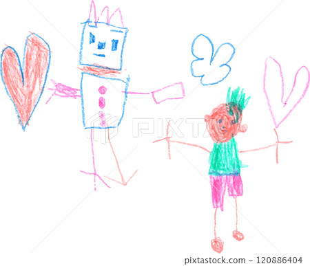 A child is drawing a picture of a child and a robot with crayons 120886404