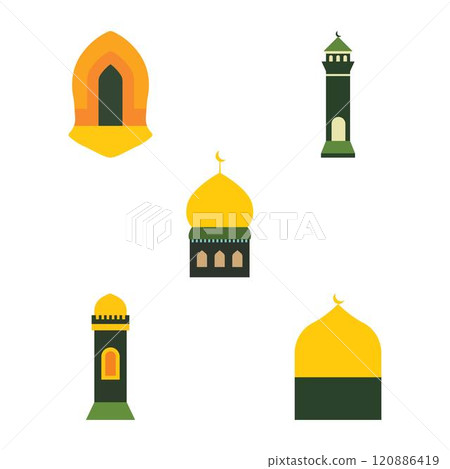 Islamic Symbol Elements of Dome Mosque Building with Minaret in Ramadan Theme Islamic Symbol Elements of Dome Mosque Building with Minaret in Ramadan Theme 120886419