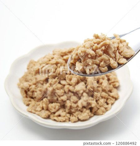 白色背景上放置的一盤大豆肉 120886492