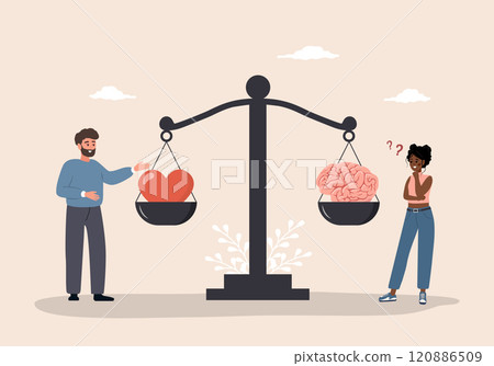 Balance between Brain and Heart. Mental and physical health concept. Man and Woman comparing logic thinking and emotion on scales. Vector illustration in flat cartoon style Balance between Brain and Heart. Mental and physical health concept. Man and Woman comparing logic thinking and emotion on scales. Vector illustration in flat cartoon style 120886509
