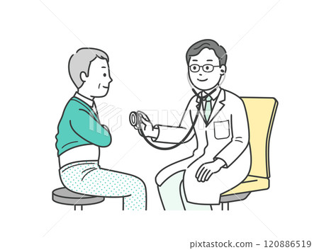 A full-body illustration of an elderly man being examined at a hospital and a doctor using a stethoscope 120886519