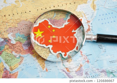 Bangkok, Thailand December 10, 2023 China map in world map paper. Bangkok, Thailand December 10, 2023 China map in world map paper. 120886667