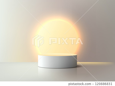 Minimalist White Cylindrical Podium with Glowing Circle and Clean Aesthetic for Product Displays and Modern Mockups Minimalist White Cylindrical Podium with Glowing Circle and Clean Aesthetic for Product Displays and Modern Mockups 120886831