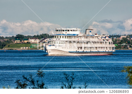 Passenger cruise ship sails on the river 120886893