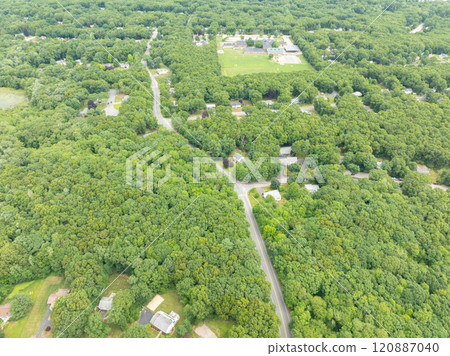 Aerial view of Suburban neighborhood Norfolk County, Massachusetts with green forest, with big villa Aerial view of Suburban neighborhood Norfolk County, Massachusetts with green forest, with big villa 120887040