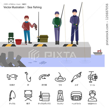Simple "sea fishing" icon/illustration set Simple "sea fishing" icon/illustration set 120887056