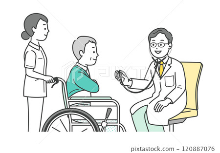 Illustration of an elderly man receiving a medical examination at a hospital and his accompanying nurse and doctor 120887076