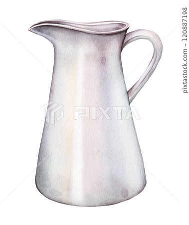 Watercolor illustration light colored jug for milk. Container hand drawn painted in watercolor isolated on white background. Farm jug for organic food. hand drawn sketch vintage white aluminum jar. 120887198