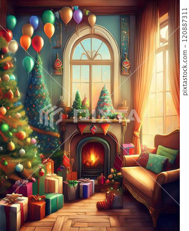 Image of a cute room with a fireplace prepared for a Christmas party AI-generated image Image of a cute room with a fireplace prepared for a Christmas party AI-generated image 120887311