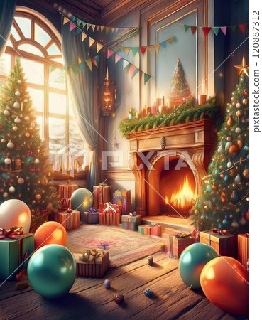 為聖誕派對準備的帶有可愛壁爐的房間的圖像 AI 生成的圖像 120887312
