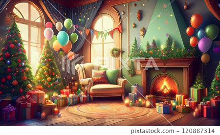 Image of a cute room with a fireplace prepared for a Christmas party c AI generated image 120887314