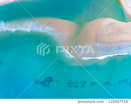 Amazing sea surface in summer season seascape background,Nature waves sea beach background,High angle view waves seascape nature view,Wide angle drone shot Top view 120887338
