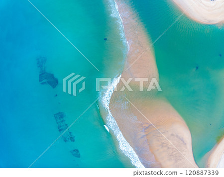 Amazing sea surface in summer season seascape background,Nature waves sea beach background,High angle view waves seascape nature view,Wide angle drone shot Top view 120887339