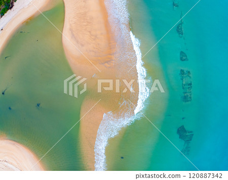 Amazing sea surface in summer season seascape background,Nature waves sea beach background,High angle view waves seascape nature view,Wide angle drone shot Top view 120887342