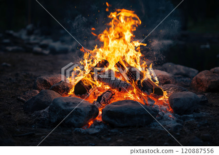 Warm bonfire flames shining in the forest at night 120887556