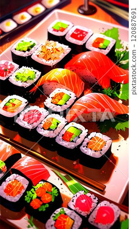 Vibrant sushi platter showcasing an array of flavors and colors for an unforgettable culinary experience. Generative AI 120887691