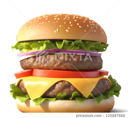 Juicy double burger stacked high with fresh ingredients and vibrant colors ready to tantalize taste buds. Generative AI 120887888