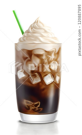 Delightful iced coffee creation adorned with creamy whipped topping and vibrant green straw for a refreshing experience. Generative AI 120887895
