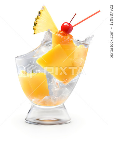 Refreshing tropical drink with ice, pineapple, and cherry in a stylish glass ready for summer enjoyment. Generative AI 120887922