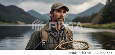 A thoughtful angler stands by the tranquil lake, preparing for a peaceful fishing expedition amid majestic mountains at dusk. Generative AI 120888333