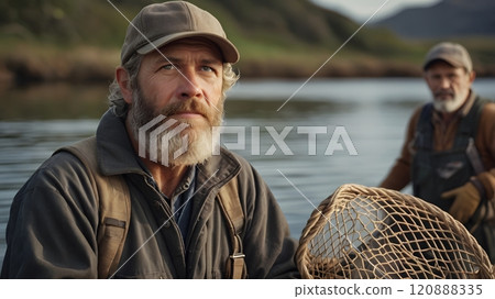 A serene morning on the river with dedicated fishermen preparing their nets in the quiet beauty of nature. Generative AI 120888335