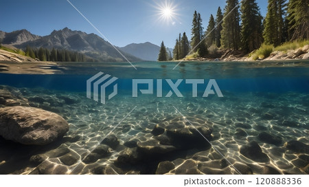 Serene mountain lake reflecting the sun\'s rays, with vibrant underwater scene and lush forest surrounding the tranquil waters. Generative AI 120888336