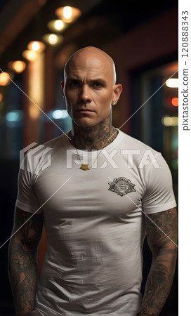 A confident man with tattoos stands in a dimly lit urban setting, exuding strength and charisma while wearing a casual white shirt. Generative AI 120888343