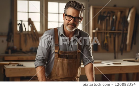 A skilled carpenter stands proudly in a warmly lit workshop filled with tools and wood, showcasing craftsmanship and dedication. Generative AI A skilled carpenter stands proudly in a warmly lit workshop filled with tools and wood, showcasing craftsmanship and dedication. Generative AI 120888354