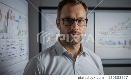 Focused analyst contemplating data insights in a modern office with charts on display during a busy workday. Generative AI 120888357