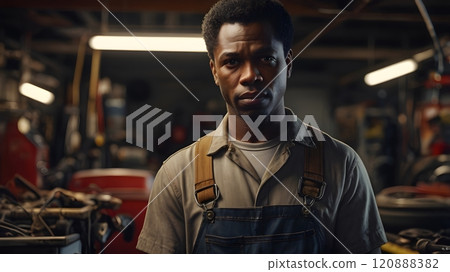 A skilled mechanic stands in a bustling garage filled with tools and vehicles, showcasing dedication to his craft in the evening light. Generative AI 120888382