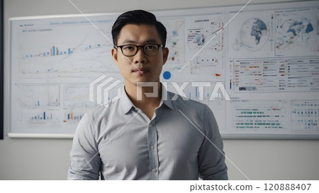 Focused analyst presenting data insights in a modern office with dynamic visualizations on display during a corporate meeting. Generative AI 120888407