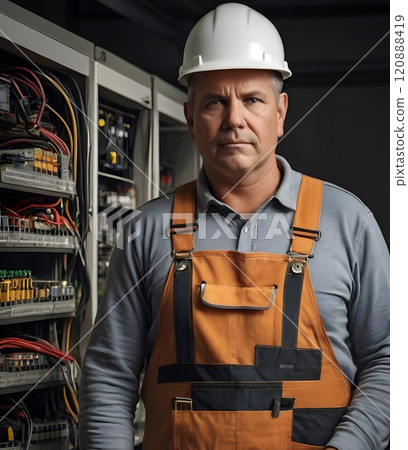 An experienced technician conducts maintenance in an industrial facility during the evening hours, ensuring systems run smoothly. Generative AI 120888419