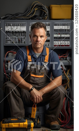 A skilled electrician working diligently amidst a tangle of wires in a modern electrical workshop at dusk. Generative AI 120888420