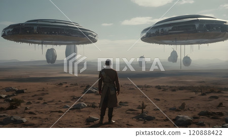 A lone figure stands in awe as futuristic spacecraft hover above a desolate alien landscape under a bright sky. Generative AI 120888422