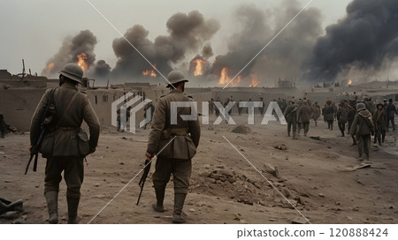 Soldiers advance through a war-torn landscape engulfed in smoke and flames during a bold military campaign. Generative AI 120888424