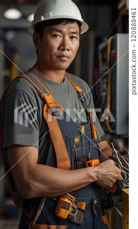 Dedicated worker in safety gear stands confidently in a workshop, preparing tools for an upcoming project amid focused surroundings. Generative AI 120888461