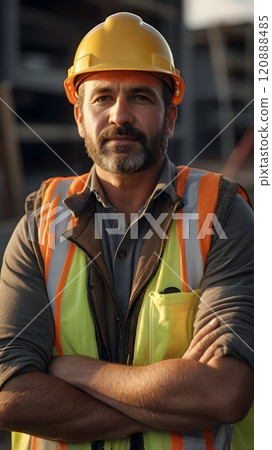 Experienced construction worker in safety gear stands confidently at a job site during golden hour, showing dedication to his craft. Generative AI 120888485