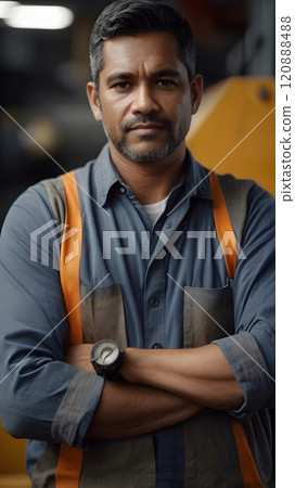 Confident craftsman in industrial setting showcasing skills and determination during the late afternoon hours. Generative AI 120888488