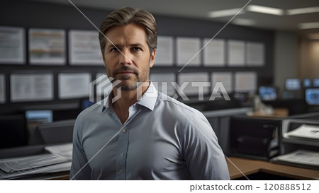 A confident professional stands in a modern office with screens displaying reports, immersed in a busy work environment. Generative AI A confident professional stands in a modern office with screens displaying reports, immersed in a busy work environment. Generative AI 120888512