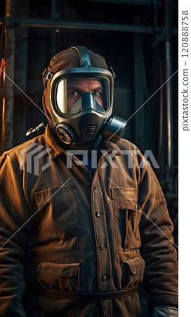 A worker in protective gear stands ready for action in a dimly lit industrial setting during an evening shift. Generative AI 120888758