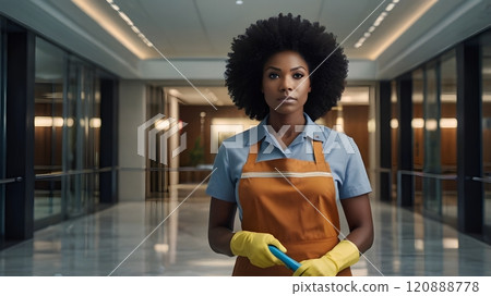 In a modern, well-lit office corridor, a woman in a vibrant orange apron and yellow gloves stands confidently 120888778