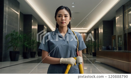 A focused janitor stands in a sleek hotel corridor, ready to tackle the maintenance challenges of a busy day. Generative AI 120888790