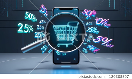 Innovative digital shopping experience showcasing discounts and special offers on a smartphone against a futuristic backdrop. Generative AI 120888807
