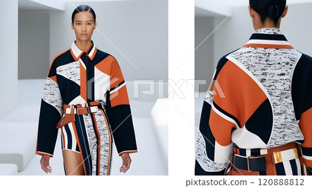 A fashion model showcases a bold, geometric ensemble on the runway at a contemporary fashion show. Generative AI 120888812