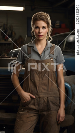 In a rustic garage filled with vintage vehicles, a skilled mechanic exudes confidence in a brown overall 120888843