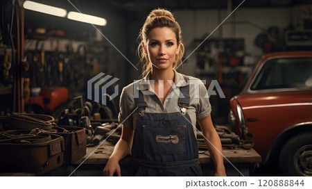A confident woman stands in a vintage garage surrounded by tools and classic cars, showcasing her passion for automobile repair. Generative AI 120888844