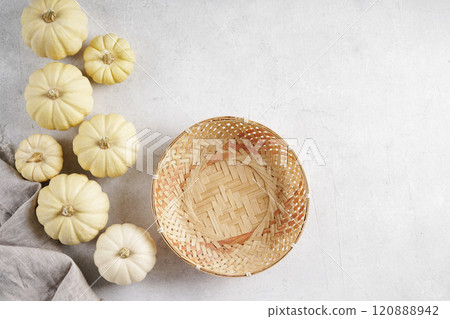 Autumn frame made of white pumpkins on table background. Fall, Halloween, Thanksgiving concept. Top view. Empty copy space. Autumn frame made of white pumpkins on table background. Fall, Halloween, Thanksgiving concept. Top view. Empty copy space. 120888942