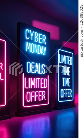 Vibrant neon signs advertising exclusive Cyber Monday deals illuminated in a stylish modern retail space during the evening hours. Generative AI 120889029